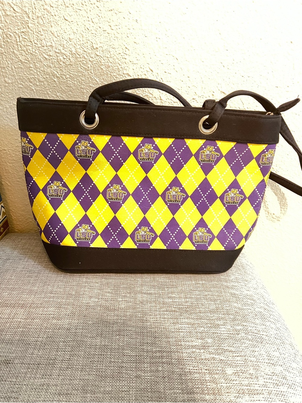 LSU Purple & Gold Argyle Tote Bag with Black Trim